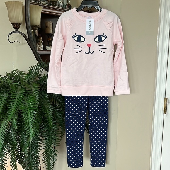 Brand New Carter’s 2-Piece Set Pink Kitty Cat Sweatshirt & Navy Heart Leggings - Picture 12 of 12